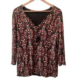 Lascana Boho Floral Peasant Blouse Tie Neck Long Sleeve Black Red Orange Large